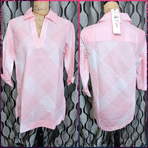 Angel Tops - Foxcroft Gingham Vneck Blouse in Pink and White - Size 4, NWT